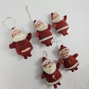 Vintage 1950's Flocked Blow Mold Santa Mrs Clause Ornaments Lot of 5 MCM